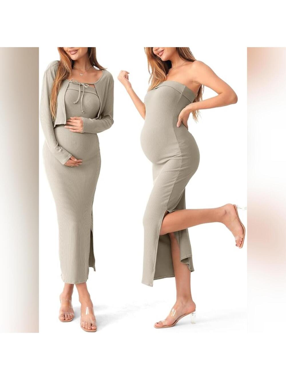SUNNYBUY Tube Dress Short Cardigan Bodycon Ribbed Maxi Maternity Dress, M